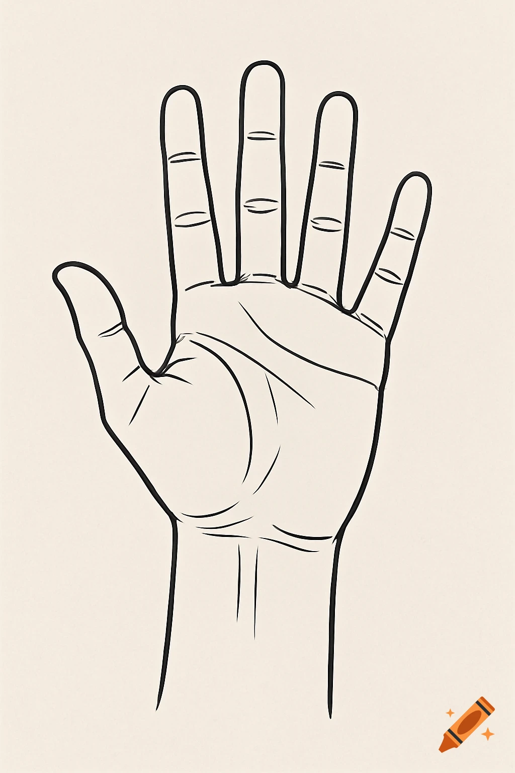 A minimalist line art illustration of a human hand, palm facing up, on a neutral background.