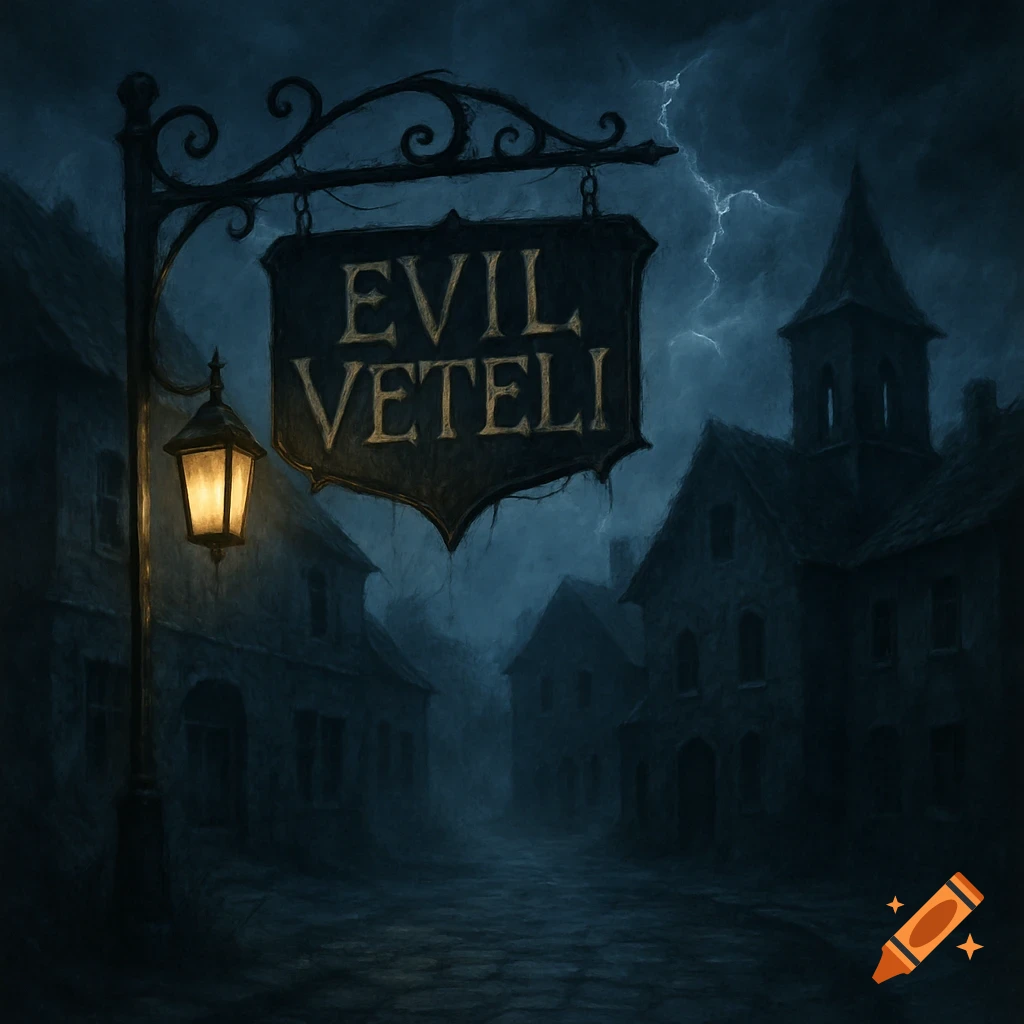 A dark, misty gothic town street at night, with a lamp illuminating a sign reading 'EVIL VETELI' under a stormy sky with lightning.
