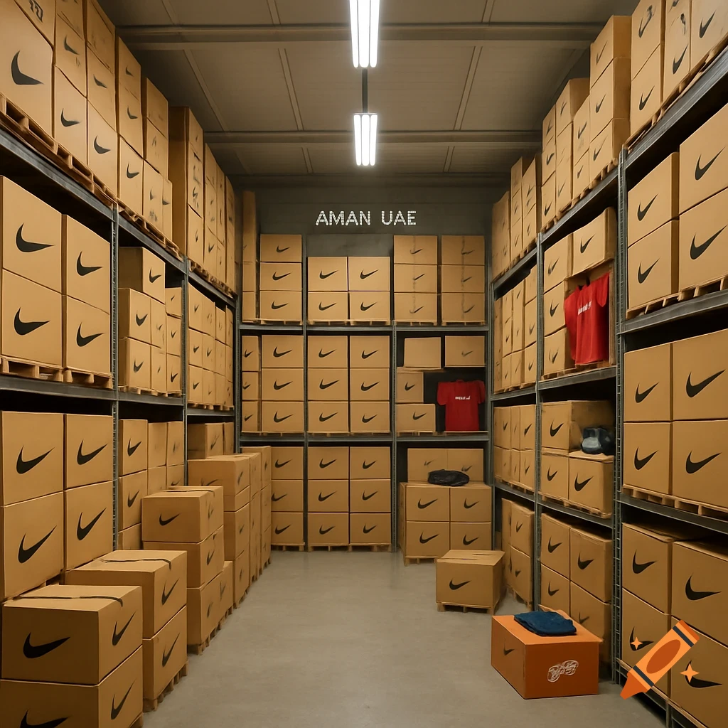Photorealistic image of a warehouse interior filled with stacks of brown Nike shoeboxes on metal shelves, with some red t-shirts.