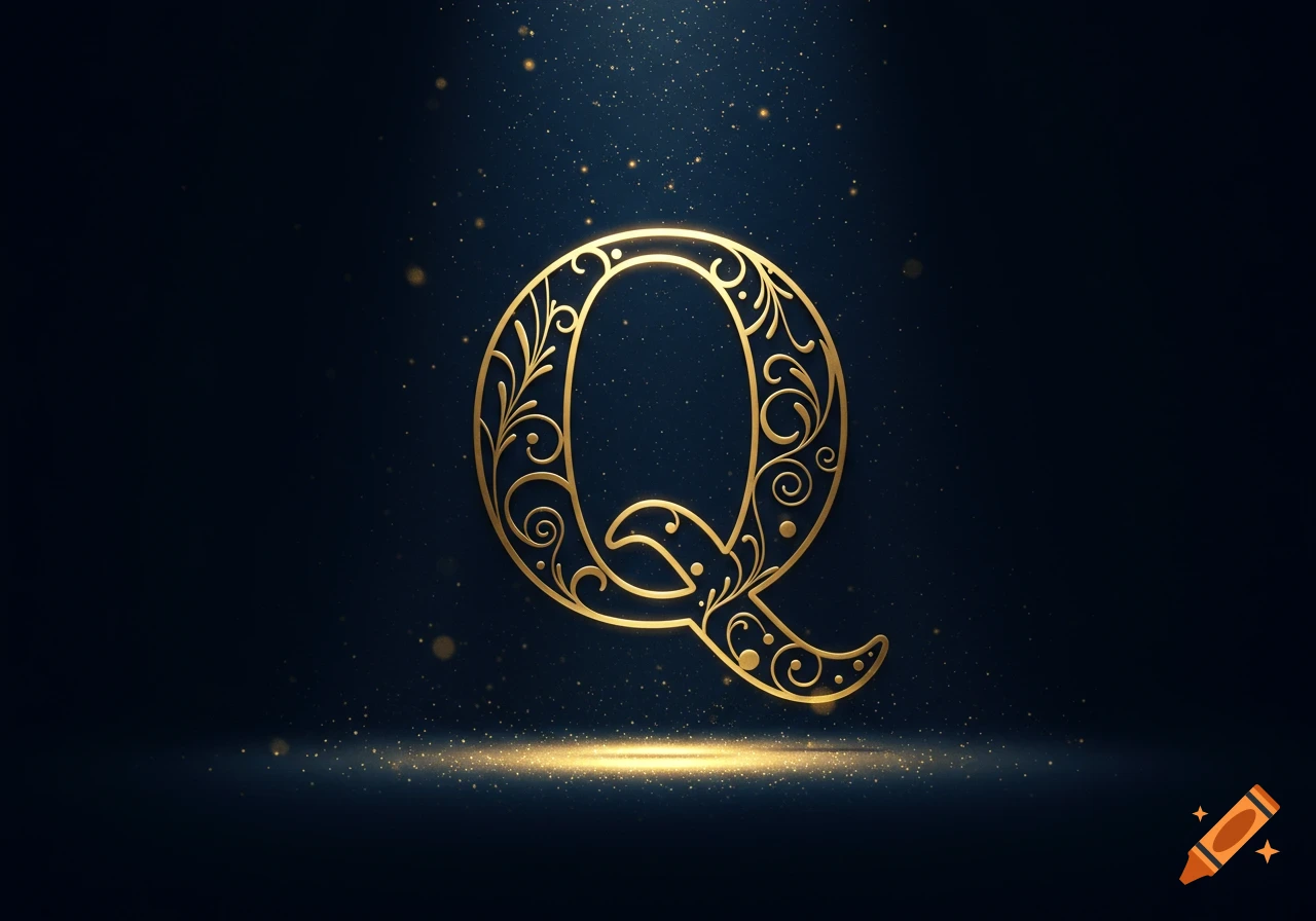 Ornate golden letter Q with swirling patterns on a dark blue background with glittering particles and light.