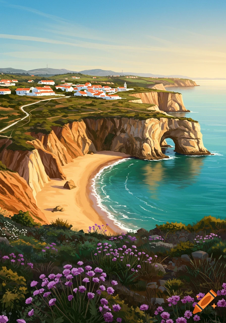 A vibrant illustration of a Portuguese coastal village with white houses and orange roofs on cliffs overlooking a sandy beach and turquoise ocean, with purple flowers in the foreground.