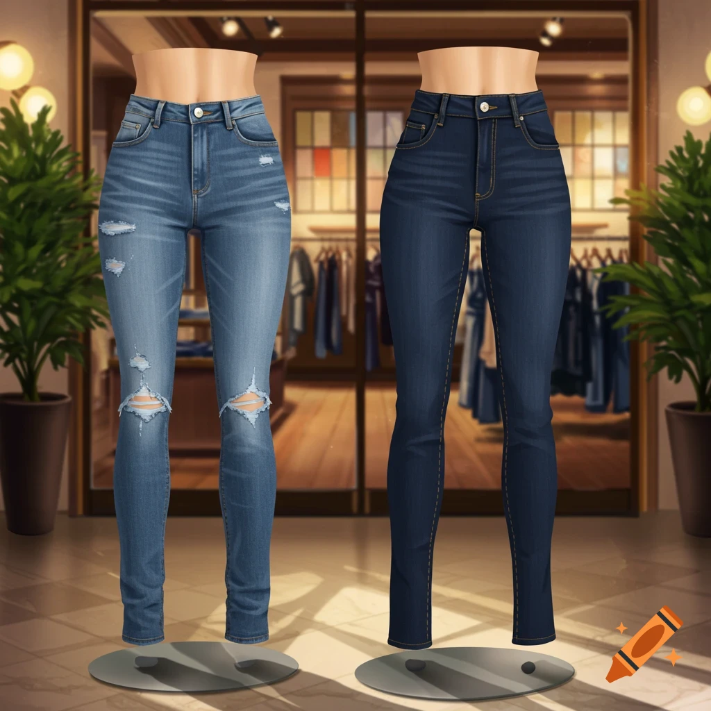 Two pairs of jeans, one light wash ripped and one dark wash, displayed on headless mannequins in a clothing store.