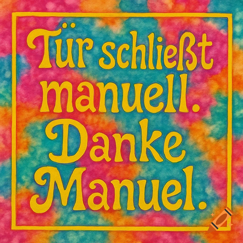 A colorful hippie-style sign with pink, orange, and turquoise tie-dye background, displaying German text 'Tür schließt manuell. Danke Manuel.' in yellow script with a yellow border.