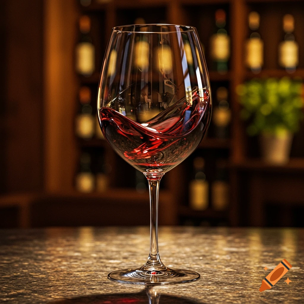 A photorealistic close-up of a wine glass with swirling red wine on a speckled bar counter, against a blurred bar background.