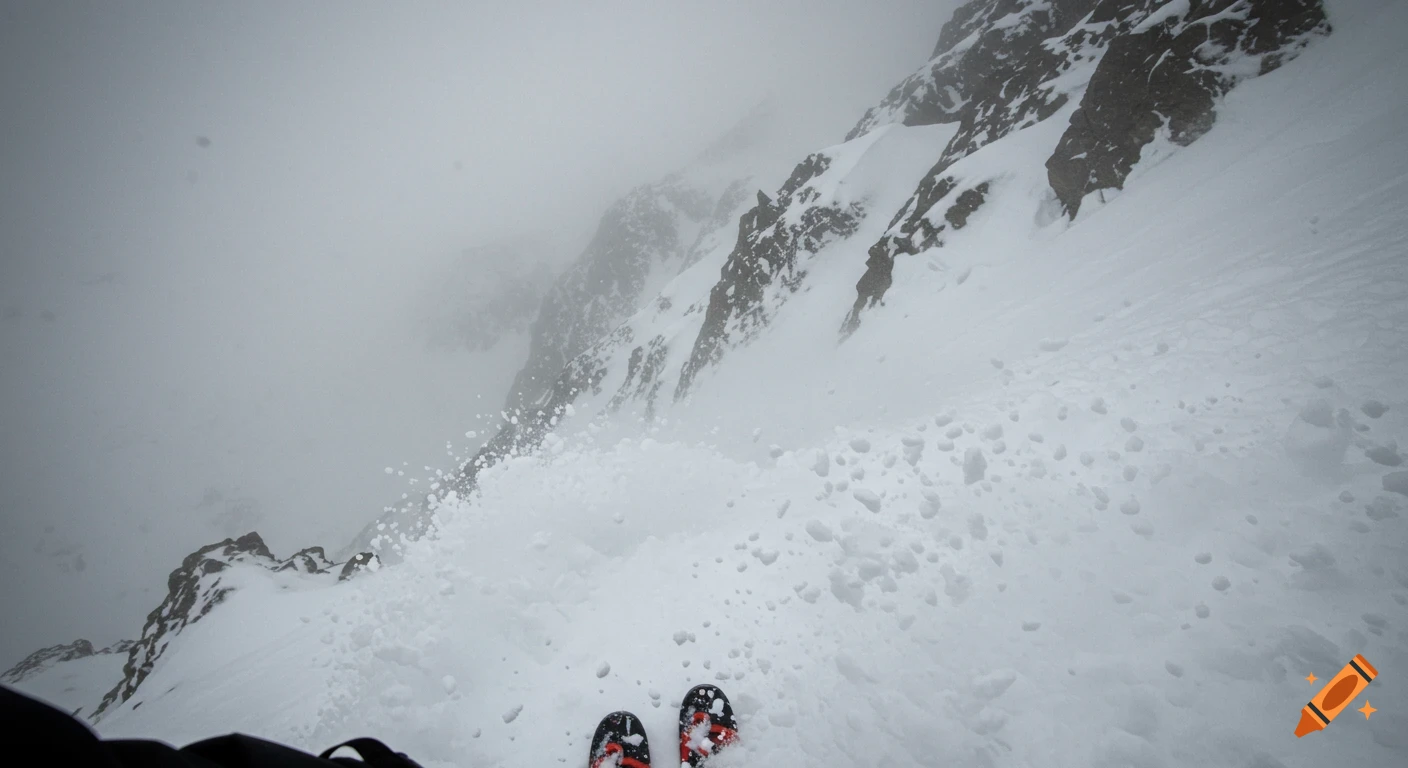 First-person view of skis on a steep, foggy, snow-covered mountain, with blowing snow and low visibility.