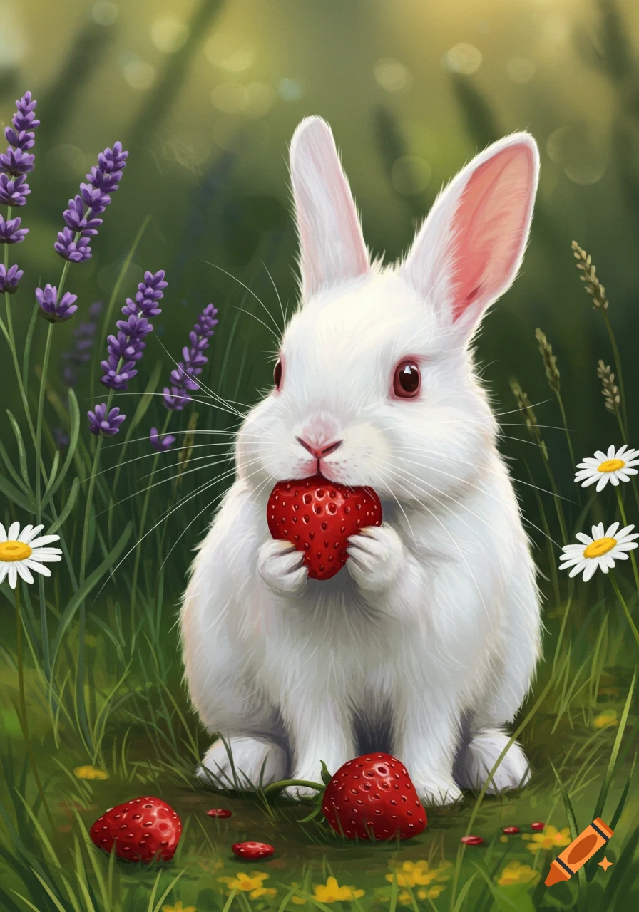 A cute white rabbit with red eyes nibbles a large strawberry in a field of green grass, purple lavender, and white daisies.