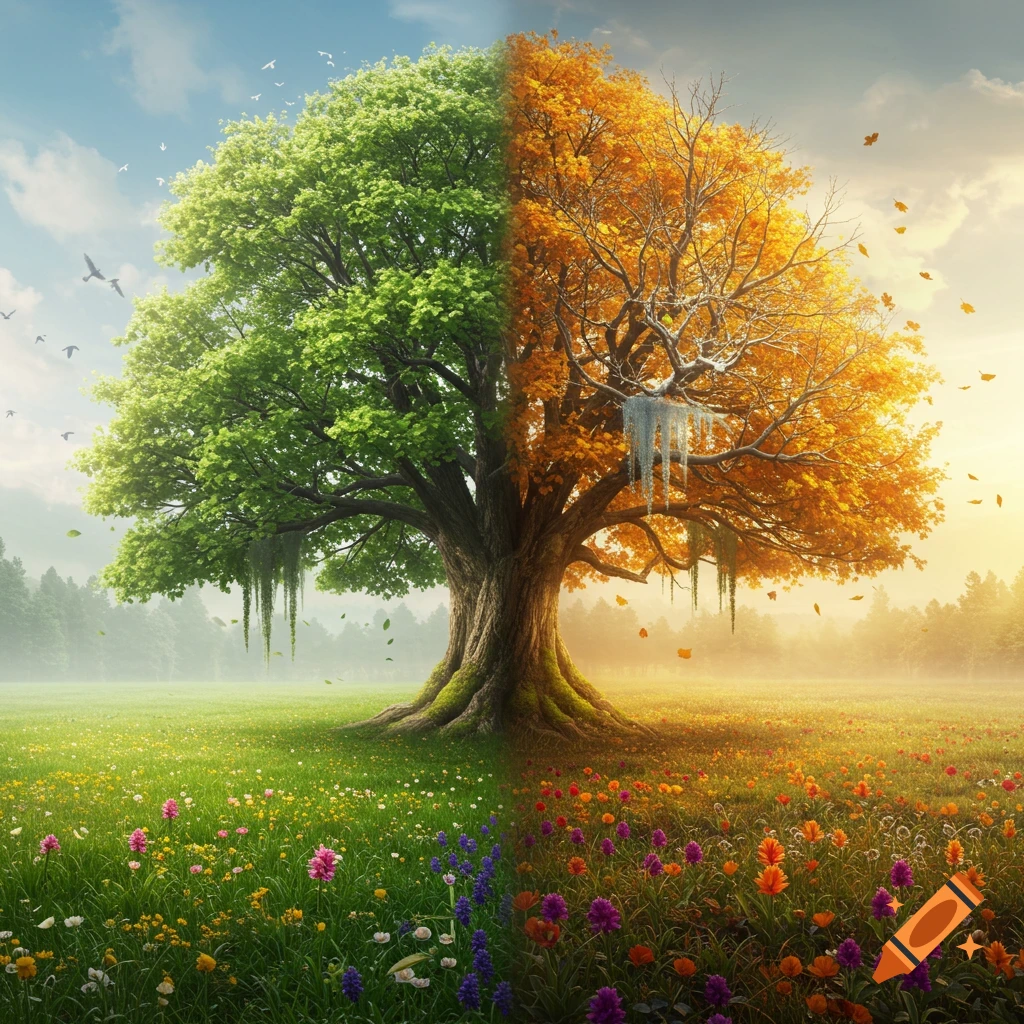 A large tree visually split in half, showing vibrant green leaves and colorful spring flowers on the left, and golden autumn leaves with falling foliage on the right, set in a vast field under a bright sky.