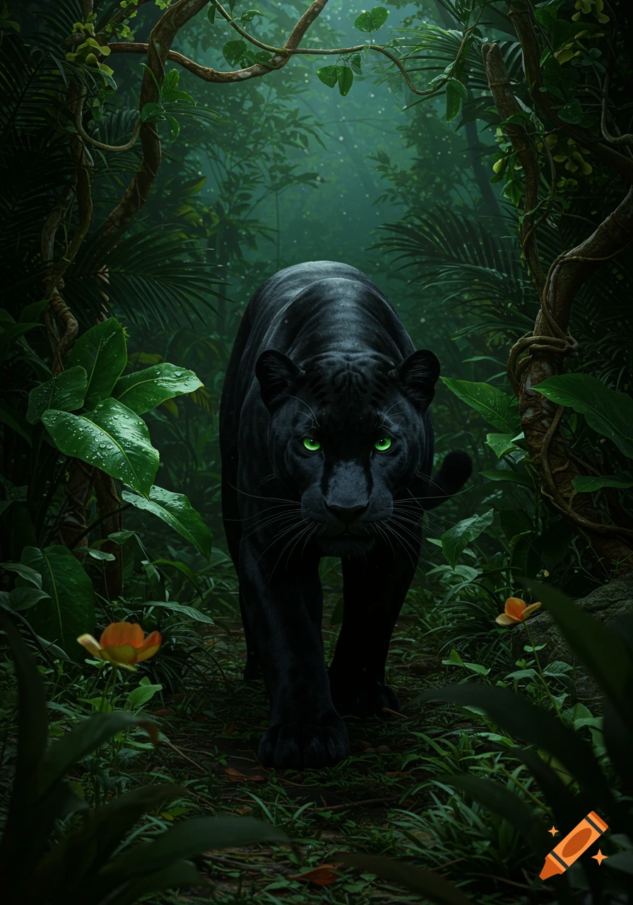 A majestic black panther with piercing green eyes walks through a dense, dark green jungle.