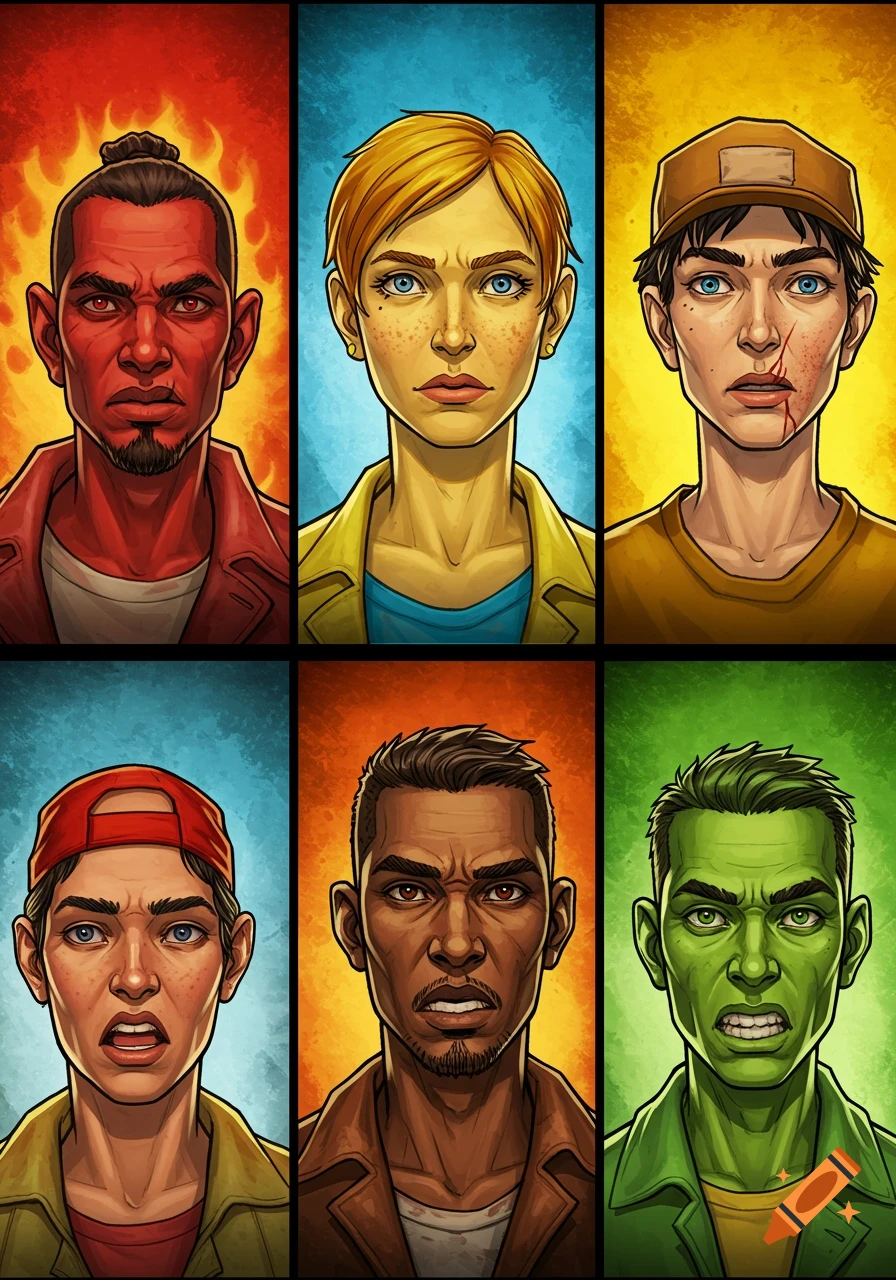 Six comic book-style portraits of intense characters, each with a distinct color scheme and exaggerated expression, against textured backgrounds.