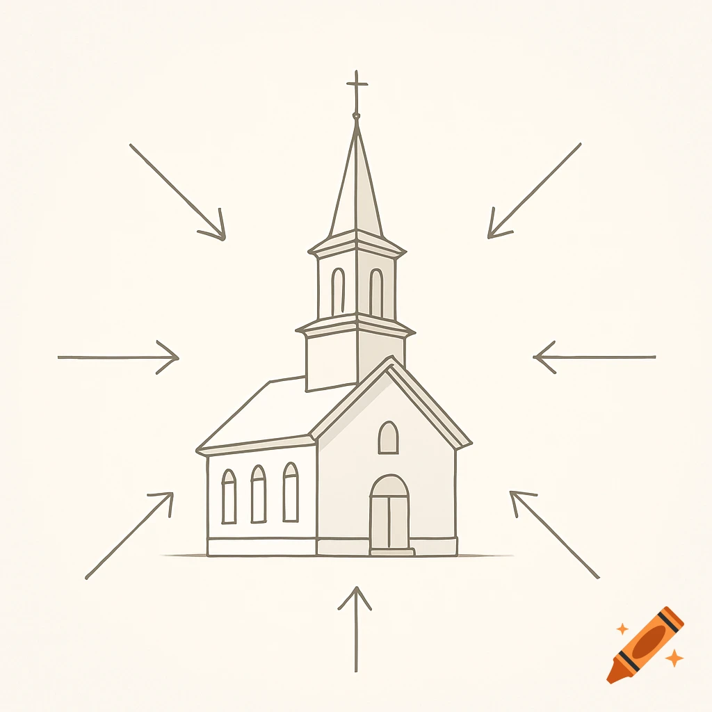 A simple line drawing diagram of a church with a steeple and cross, surrounded by arrows pointing inward.