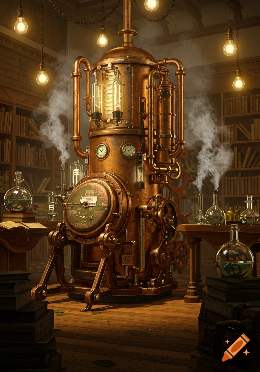 A large, detailed steampunk machine with glowing gauges and pipes emits smoke in a cluttered, antique library.