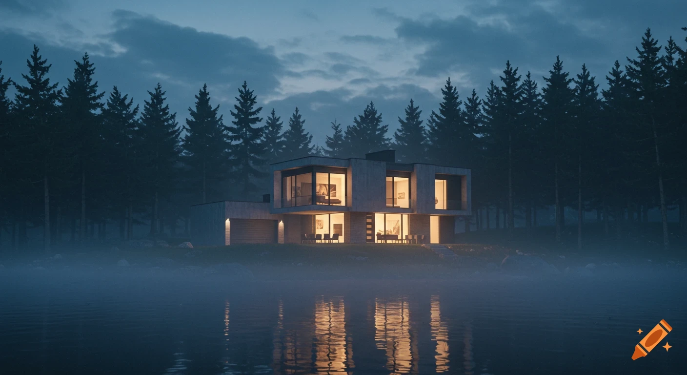 A modern minimalist house with warm interior lights stands by a foggy lake, surrounded by dark pine forests at dusk.