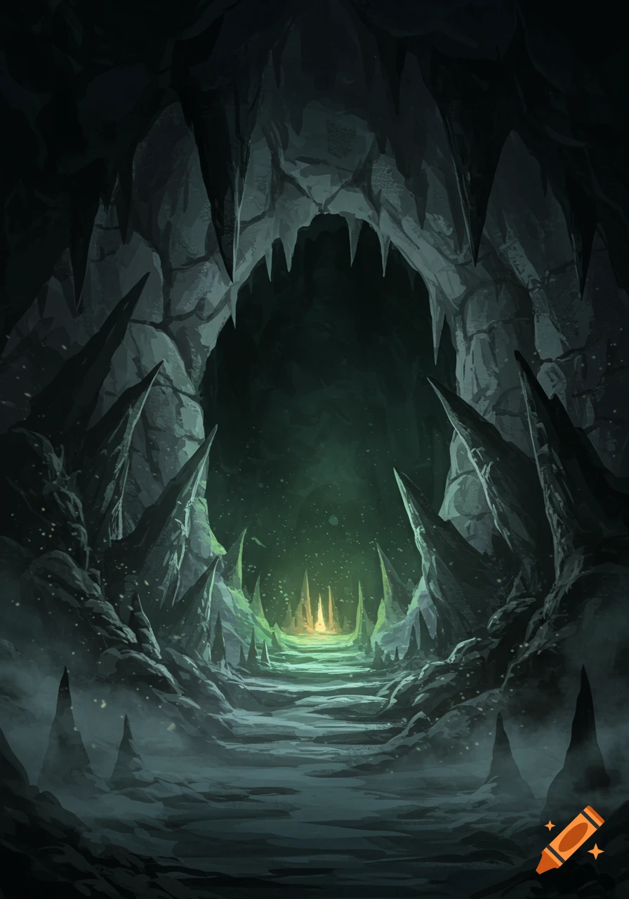 A dark, creepy cave with sharp stalactites and stalagmites, glowing green fog, and a path leading to a bright light.