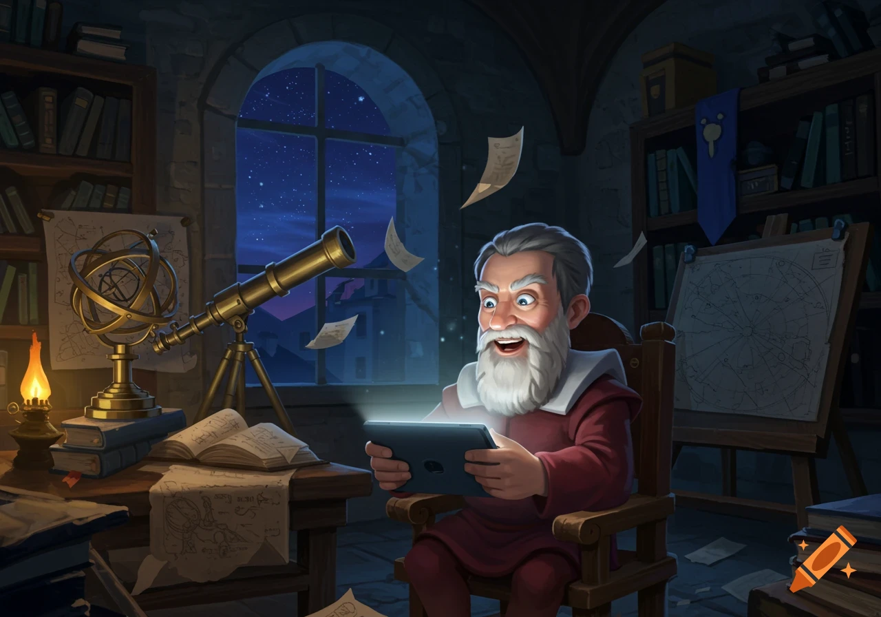 A cartoonish astronomer, resembling Galileo, sits in a dimly lit study at night, looking excitedly at a glowing tablet. A telescope points out a window to a starry sky, while books and an armillary sphere adorn the desk.
