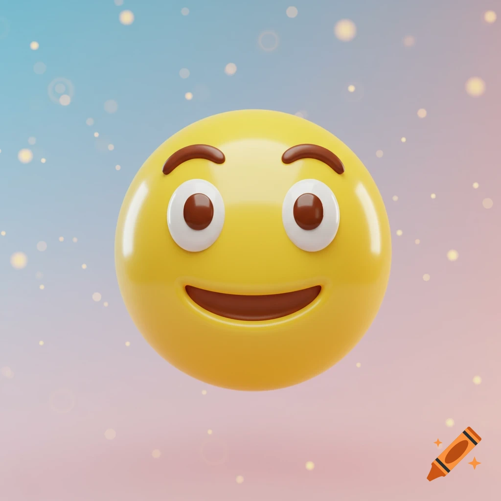A happy yellow 3D emoji with a wide smile and brown eyebrows floats on a blurry pink and blue background.