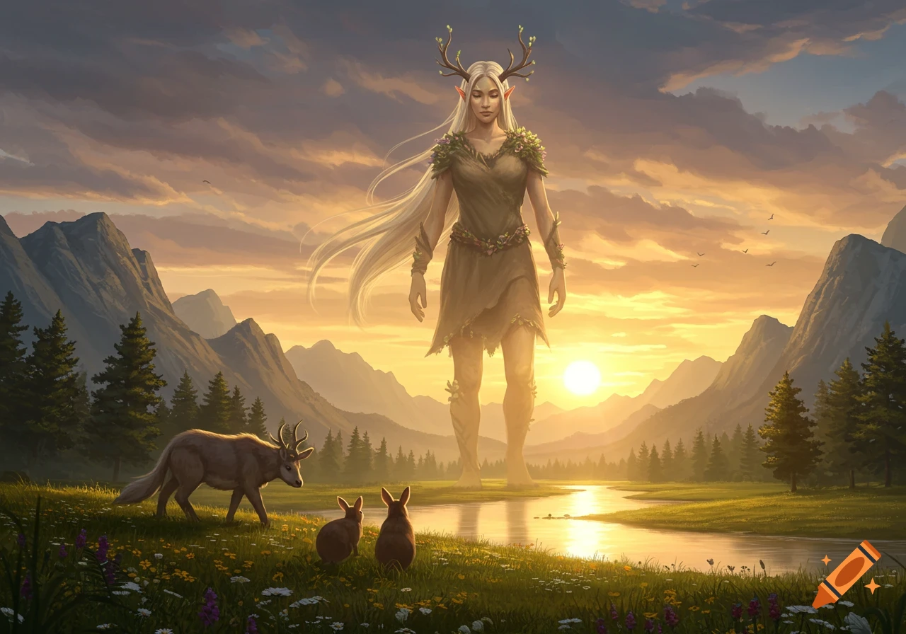 A giant fantasy dryad with antlers stands in a golden sunset valley with a river, deer, and rabbits. Digital art.
