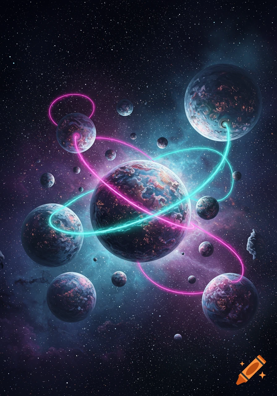 Multiple colorful planets interconnected by glowing pink and cyan lines in a vibrant starry nebula space scene.