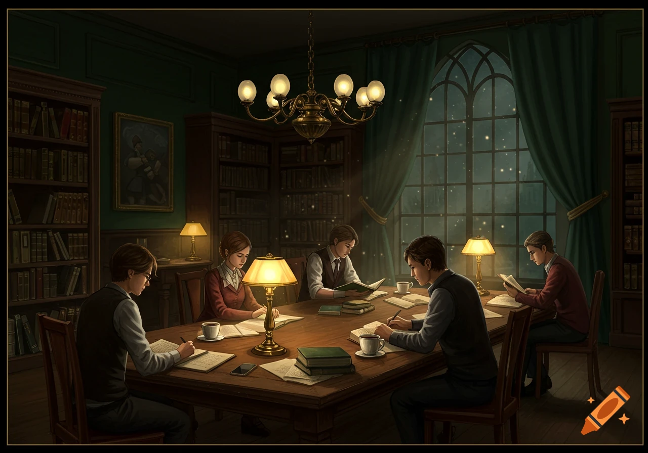 Five people study in a dimly lit, ornate library at night, surrounded by bookshelves. Table lamps illuminate them as they read and write, with a starry gothic window in the background.