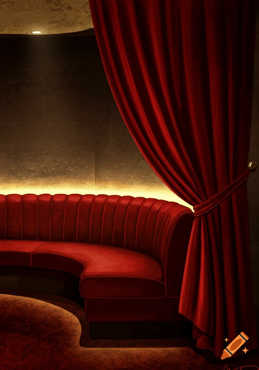 A low-lit, luxurious club interior featuring a curved red velvet booth and a draped red velvet curtain.
