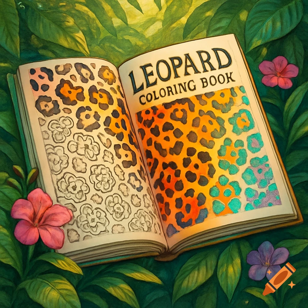 An open coloring book titled 'LEOPARD COLORING BOOK' with leopard print patterns, some colored, surrounded by lush jungle foliage and pink and purple flowers.