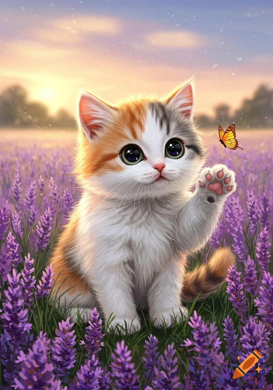 A fluffy calico kitten with big green eyes sits in a field of purple lavender, raising a paw towards an orange butterfly at sunset.