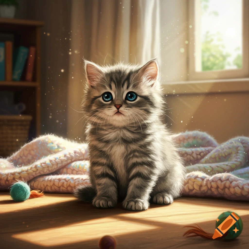 A fluffy tabby kitten with bright blue eyes sits on a wooden floor next to a knitted blanket and toys, bathed in sunlight.