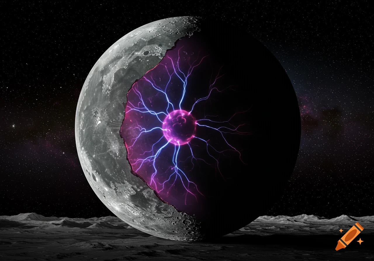 A cracked, cratered moon reveals a glowing purple and blue plasma sphere within, set against a starry space.