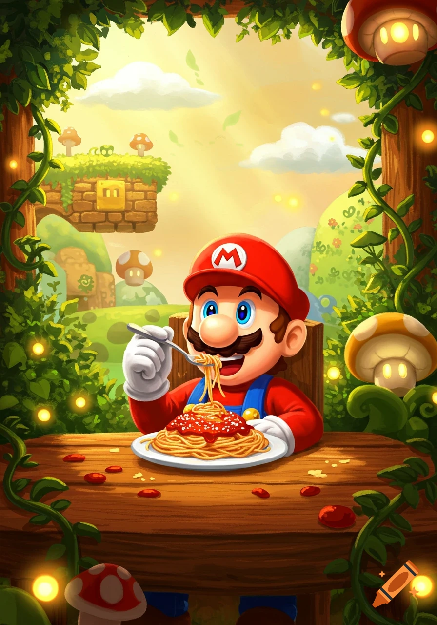 Mario happily eats a plate of spaghetti at a wooden table in a vibrant, cartoonish Super Mario landscape.