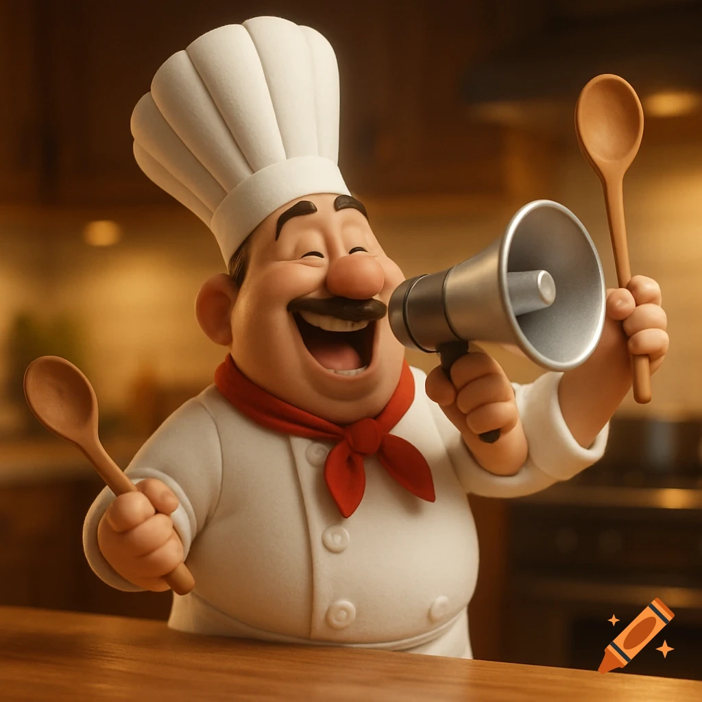 A cheerful 3D Pixar-style chef in a white hat and red neckerchief shouts into a megaphone, holding a wooden spoon in a warm-toned kitchen.