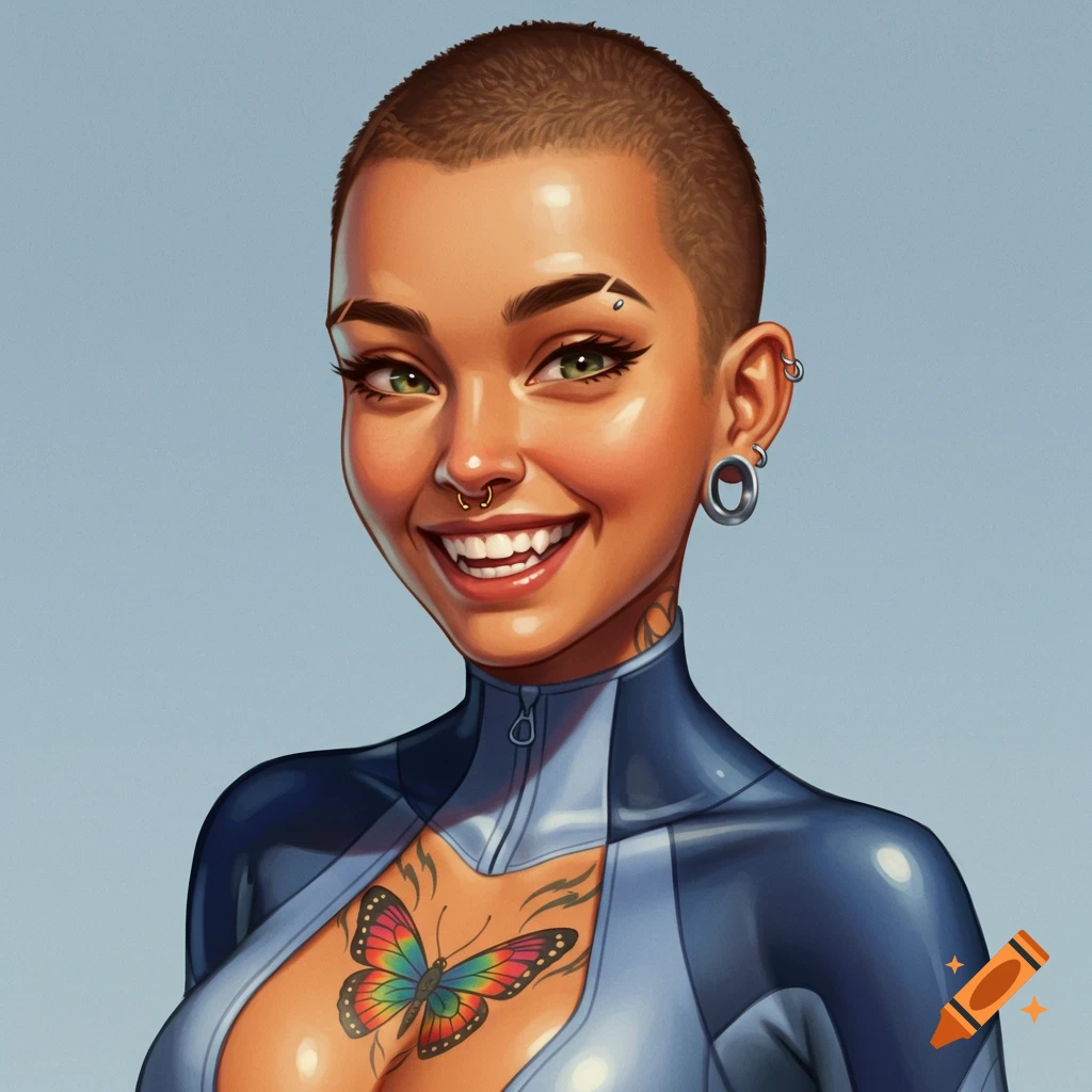 A stylized portrait of a smiling woman with a buzzcut, green eyes, facial piercings, and a colorful butterfly chest tattoo, wearing a blue and grey wetsuit.