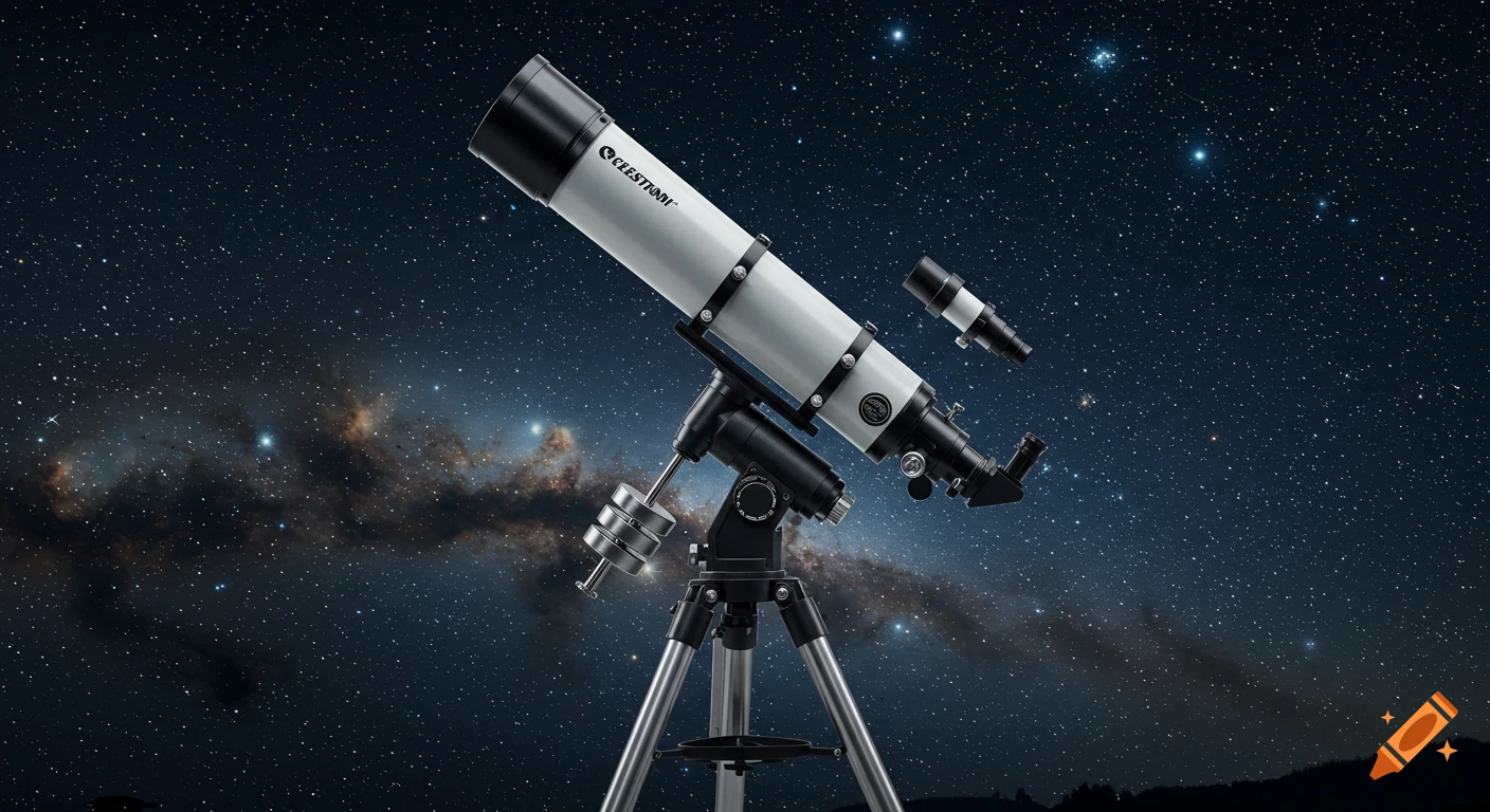 A white Celestron telescope on a tripod is aimed at a starry night sky with the Milky Way visible.