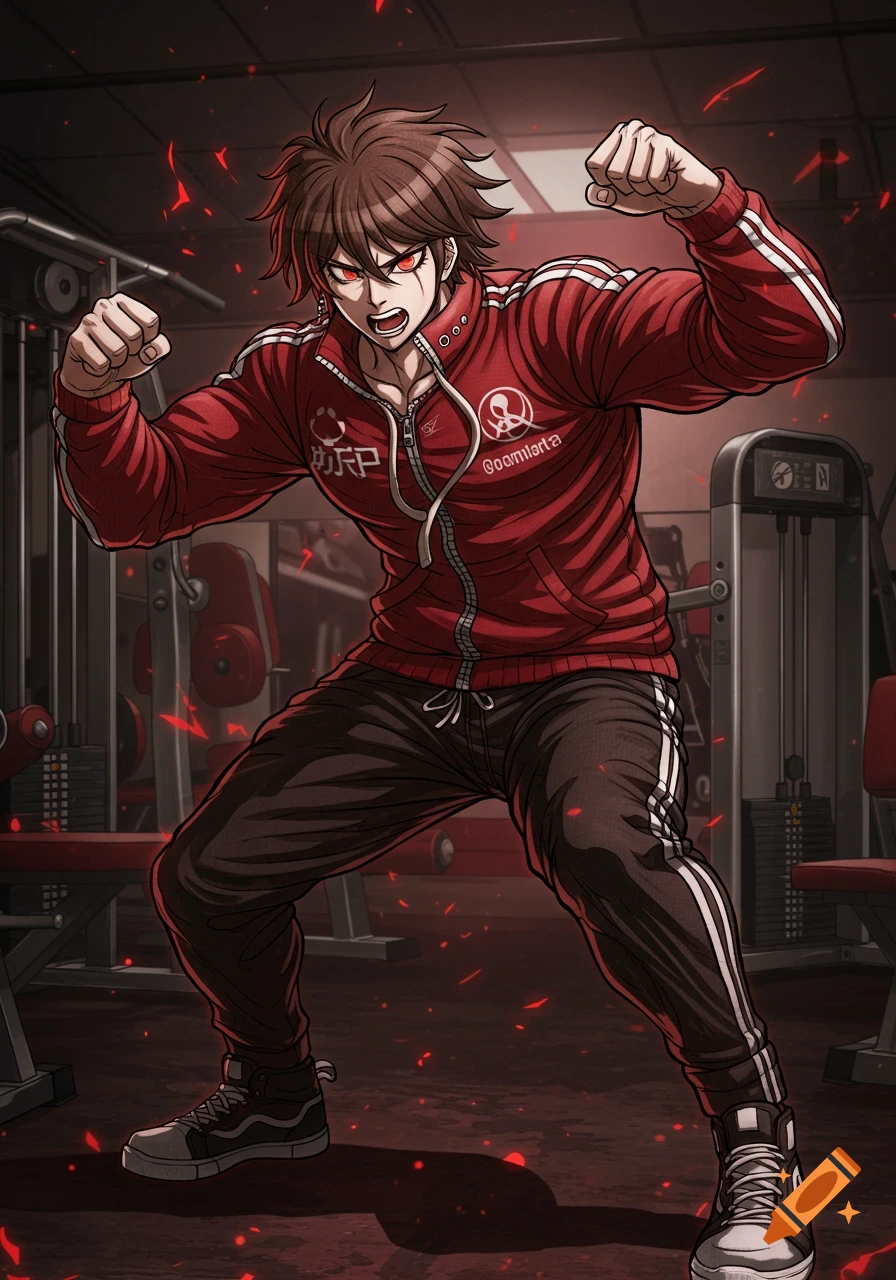 An anime-style muscular man in a red tracksuit flexes in a dimly lit gym, red sparks around him.