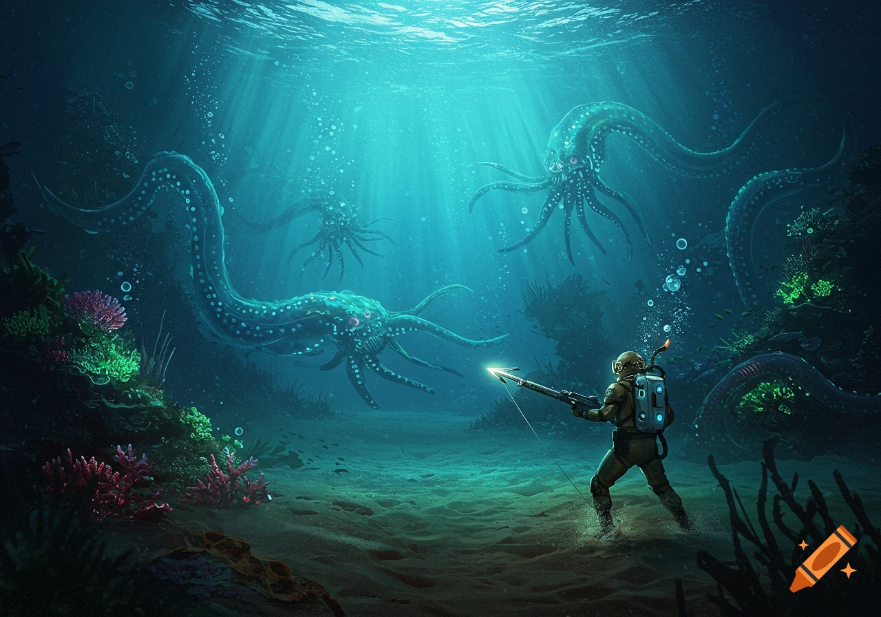 An aquanaut with a spear gun confronts large, tentacled sea monsters deep underwater, bathed in light rays.