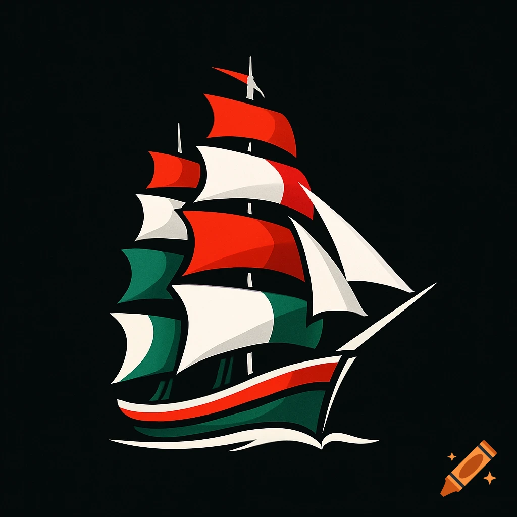 Stylized promotional logo of a tall ship with red, green, and white sails and hull against a black background.