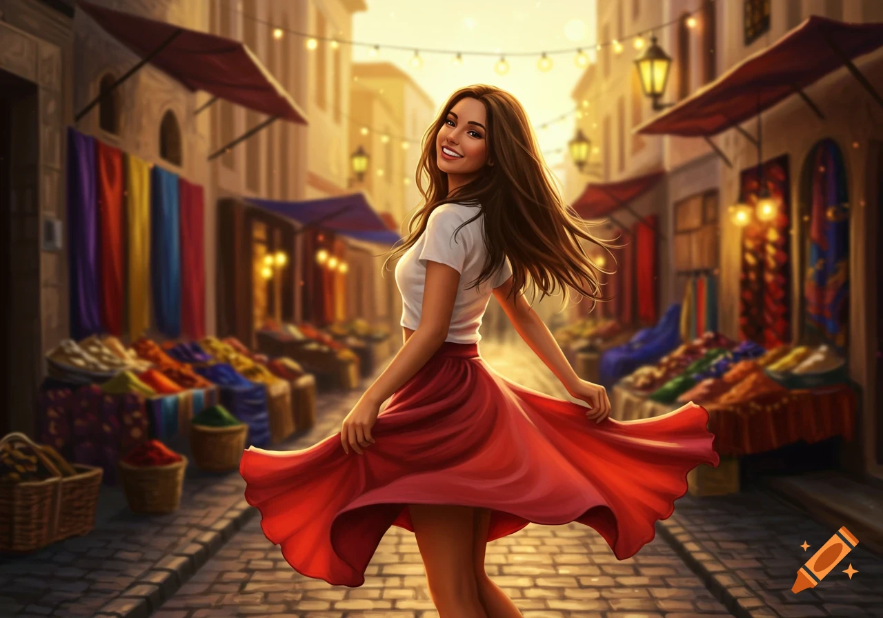 A smiling young woman in a white crop top and red skirt twirls in a vibrant, bustling marketplace at sunset, digital art.