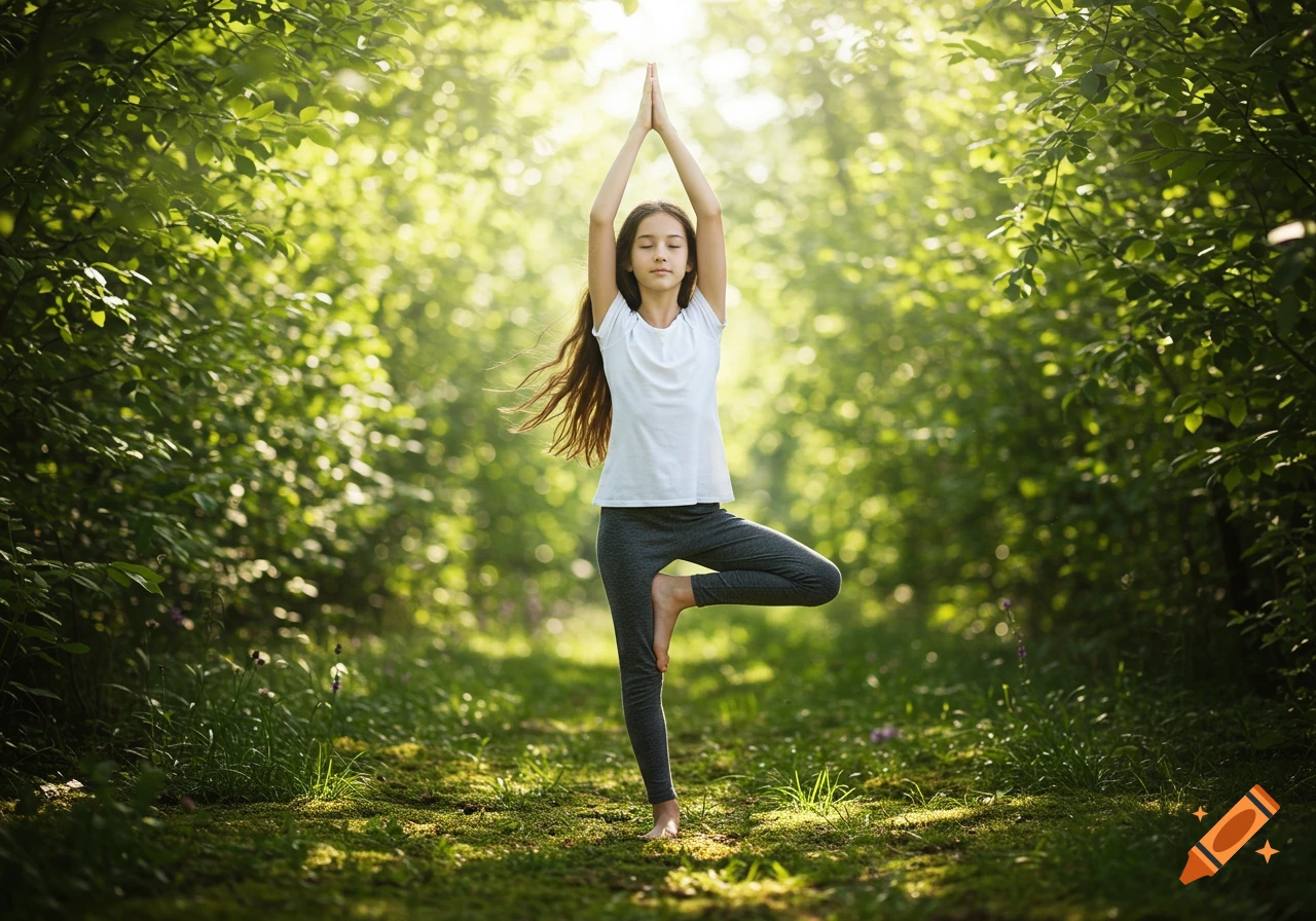 A young girl with long hair performs a yoga tree pose in a sunlit forest, barefoot on a mossy path.