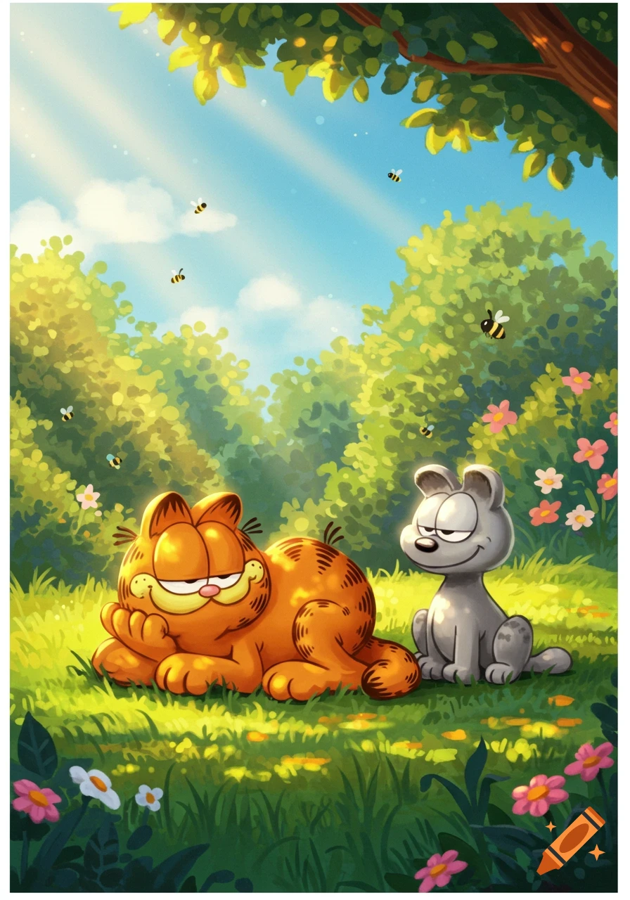 Garfield the orange cat lounges on green grass next to Nermal, a grey cat, in a sunny cartoon forest with bees and flowers.
