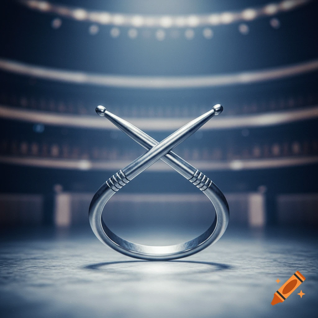 A silver metal ring shaped like two drumsticks crossed in an X on a dark stage with a blurred arena in the background.