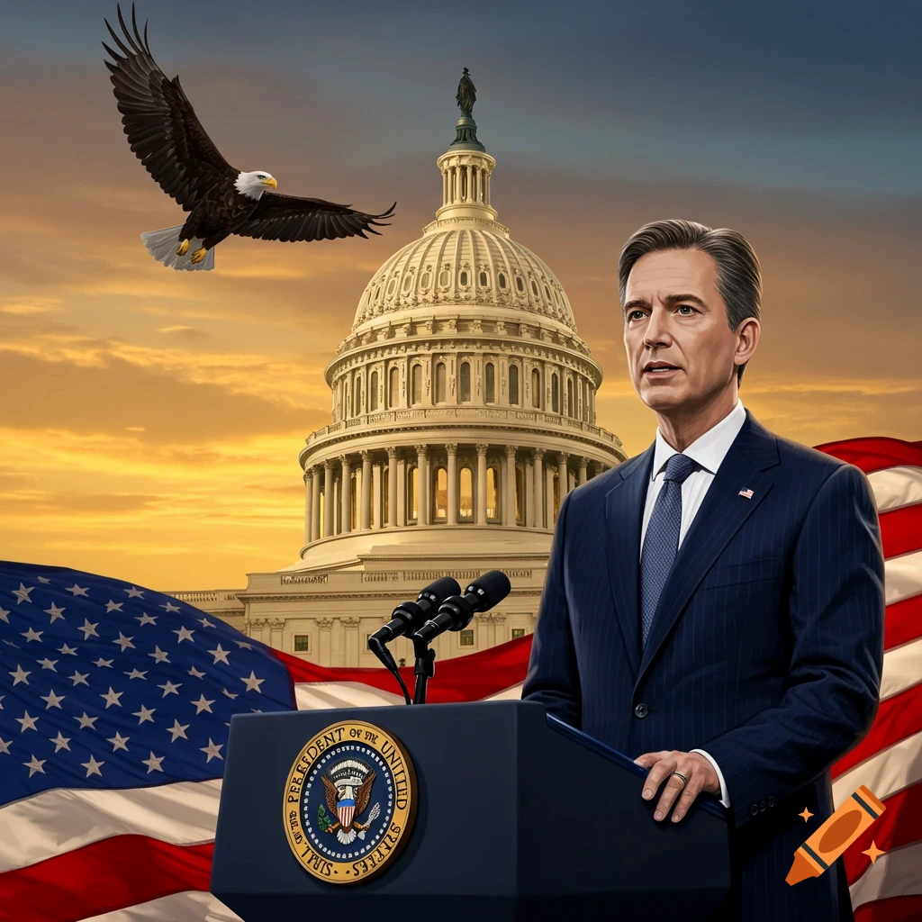 Man in a suit speaking at a podium with the Presidential seal, US Capitol, flying eagle, and American flag at sunset.