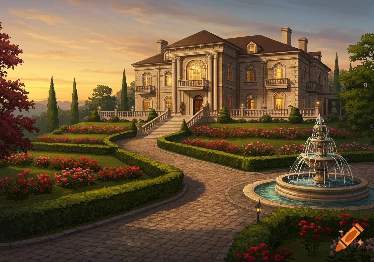 A grand stone mansion with a circular drive, elaborate fountain, and manicured gardens under a vibrant sunset sky.