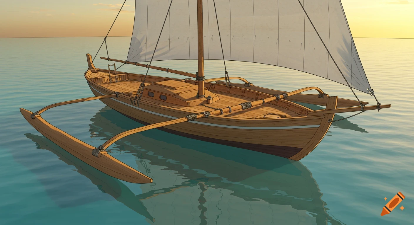 Detailed illustration of a wooden trimaran sailboat with a white sail on calm turquoise water at sunset.