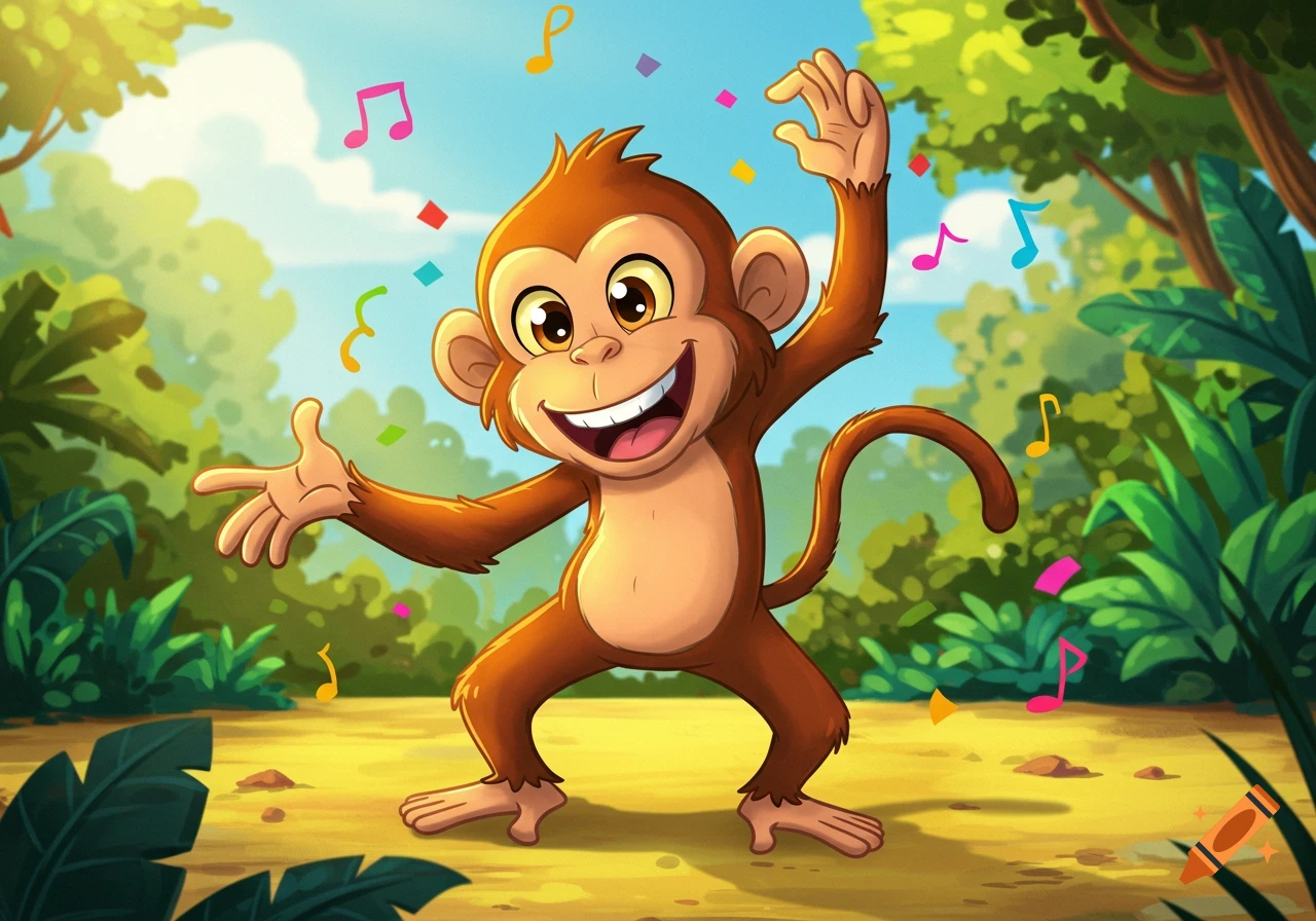 A cheerful cartoon monkey dances in a bright jungle, surrounded by colorful musical notes and confetti.