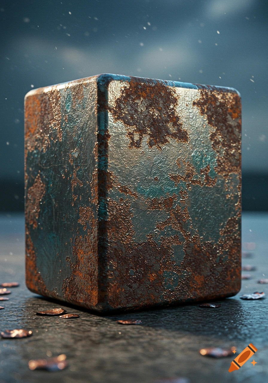 A detailed, photorealistic close-up of a heavily rusted metal cube on a dark, wet surface with falling specks.