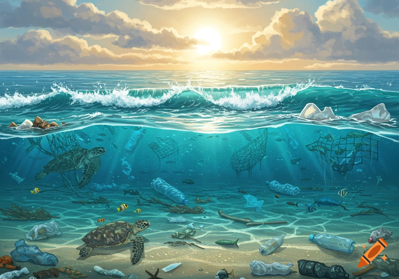 Illustration of a polluted ocean with plastic waste above and below the surface, including bottles, nets, and two sea turtles amidst debris on the seabed, under a sunset sky.