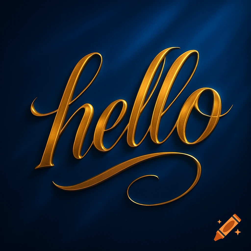 Golden script word 'hello' on a dark blue background with elegant lighting.