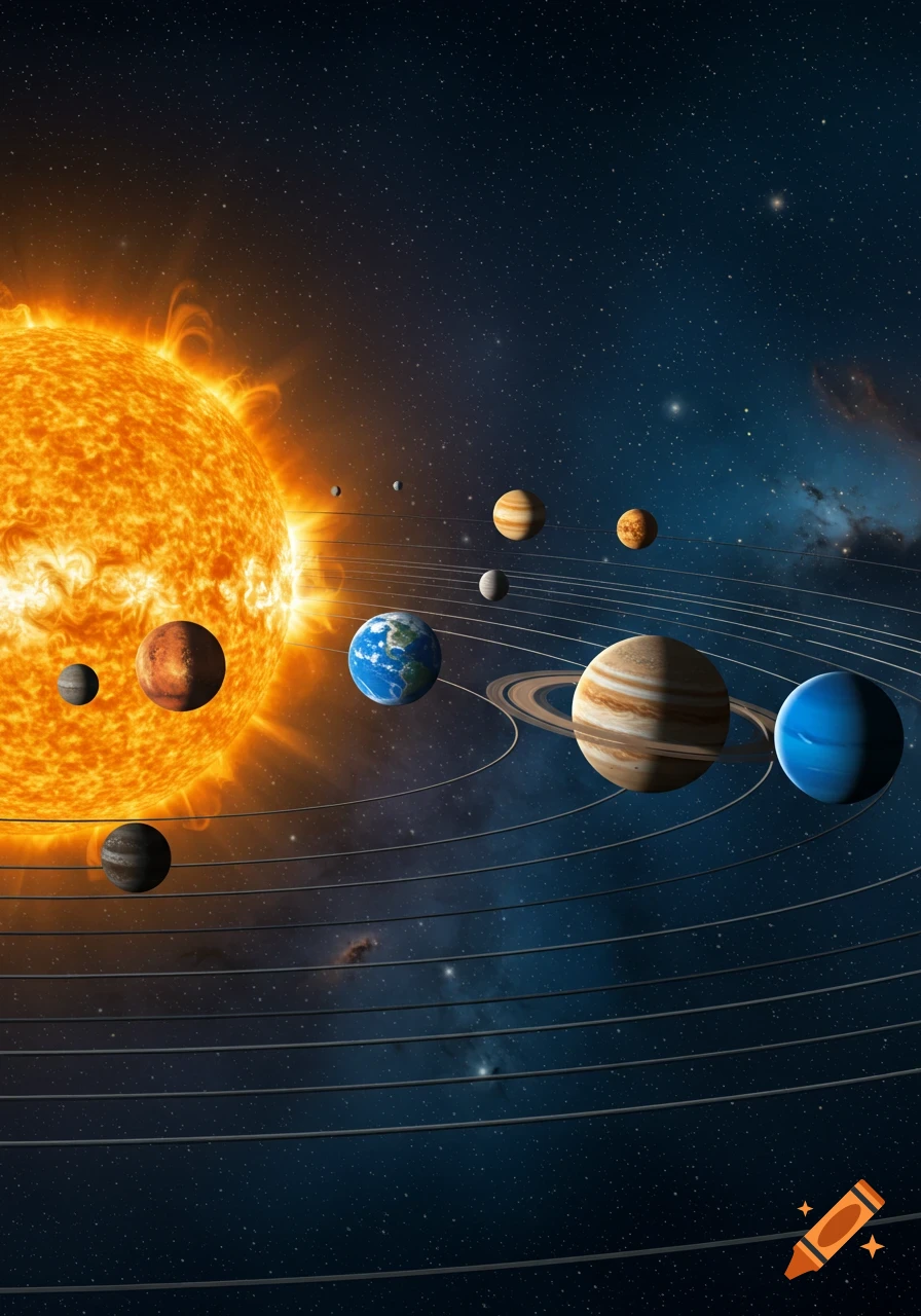 A vibrant solar system with the sun radiating brightly as multiple planets orbit around it in deep space.