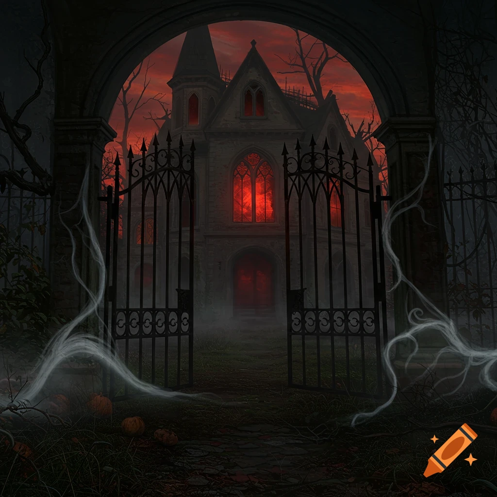 Spooky gothic haunted house with glowing red windows behind an open iron gate, withered trees, and pumpkins under a dark red sky.