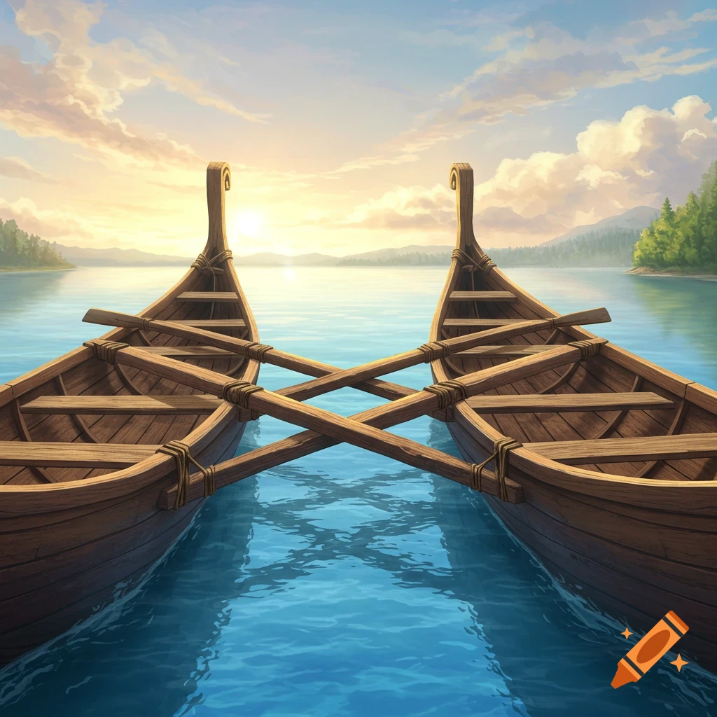Two wooden boats lashed together on calm water under a colorful sunrise/sunset sky, with distant forests and mountains.
