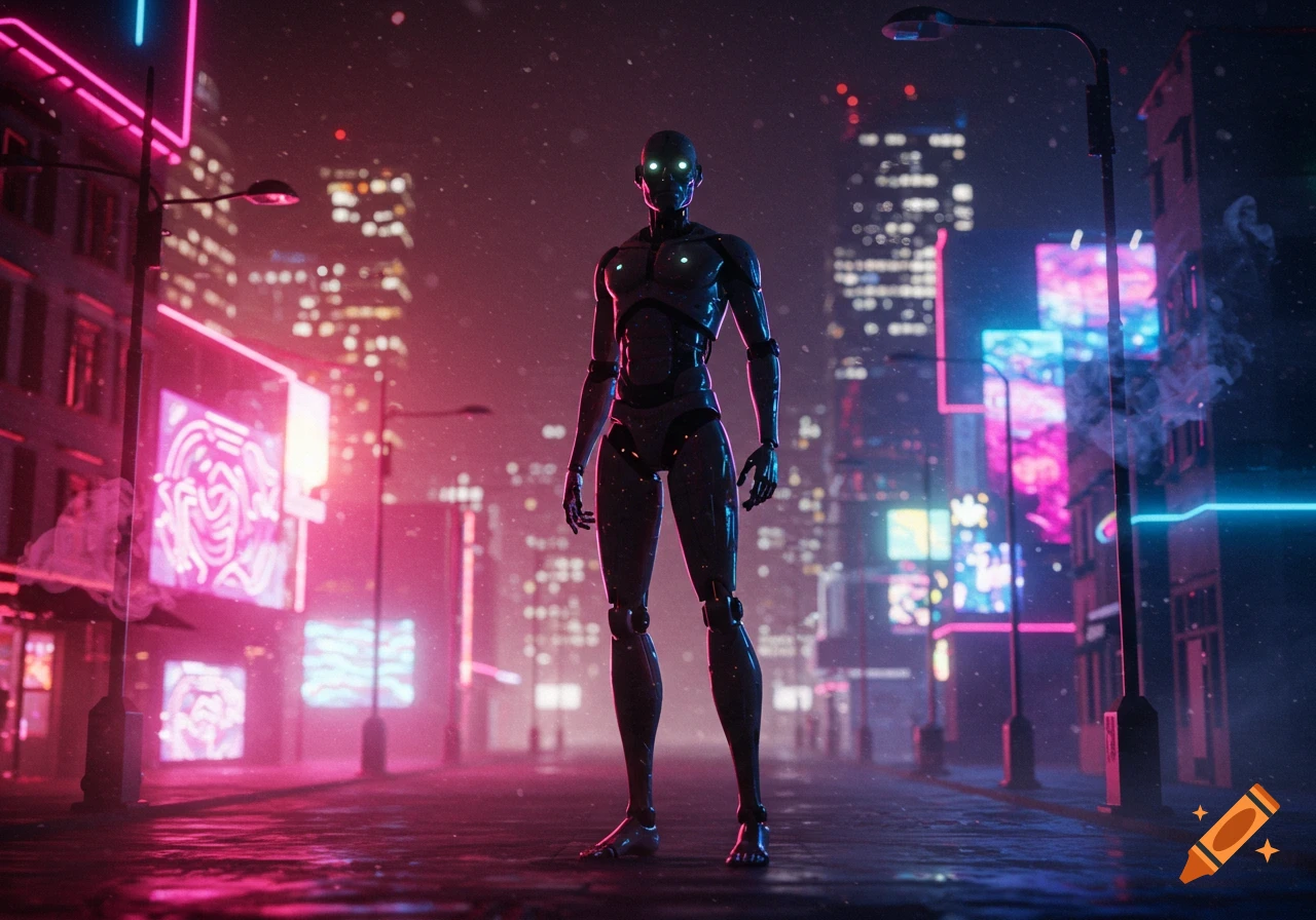 A dark metallic robot stands in the center of a neon-lit cyberpunk city street at night.