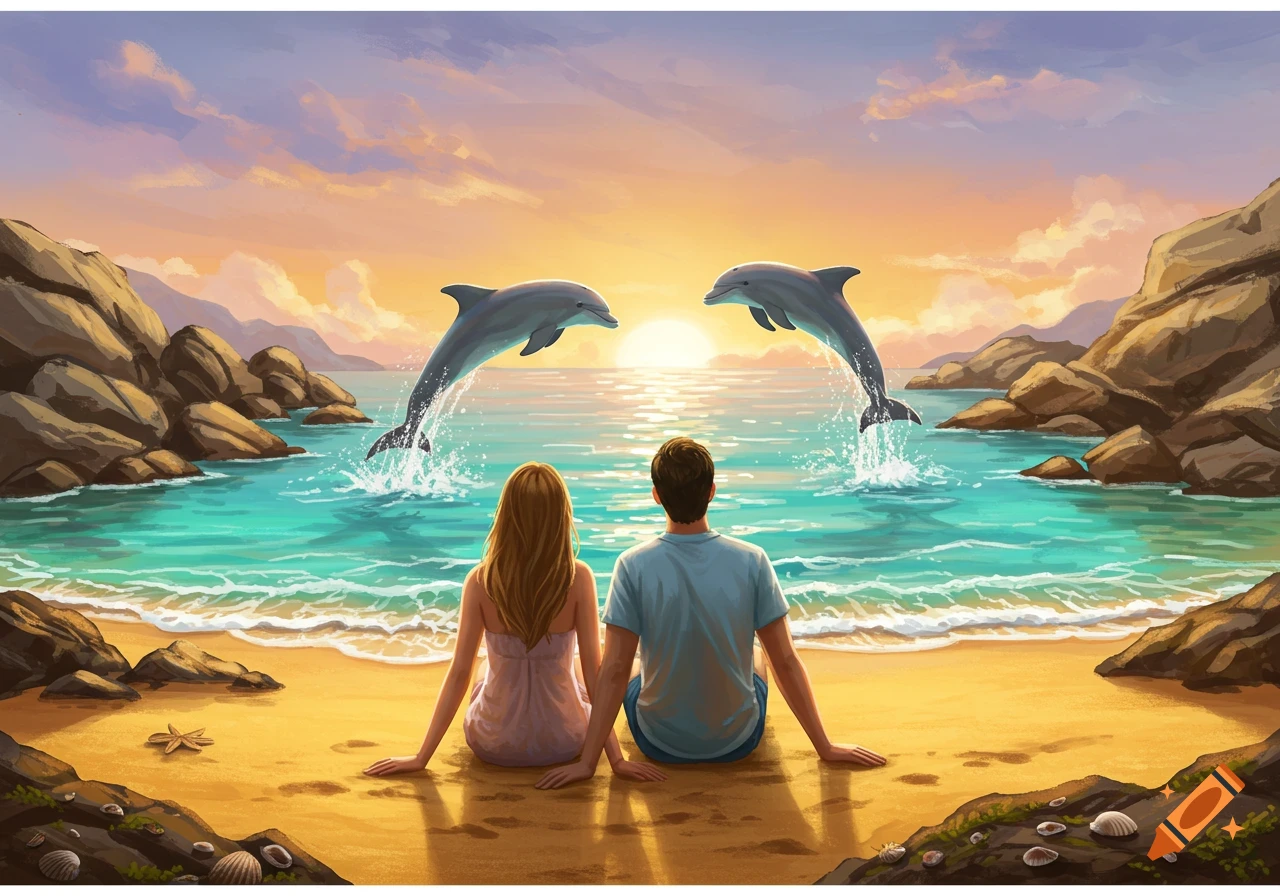 A man and woman sit on a sandy beach, watching two dolphins leap from the ocean at sunset between rocky cliffs. Digital painting style.